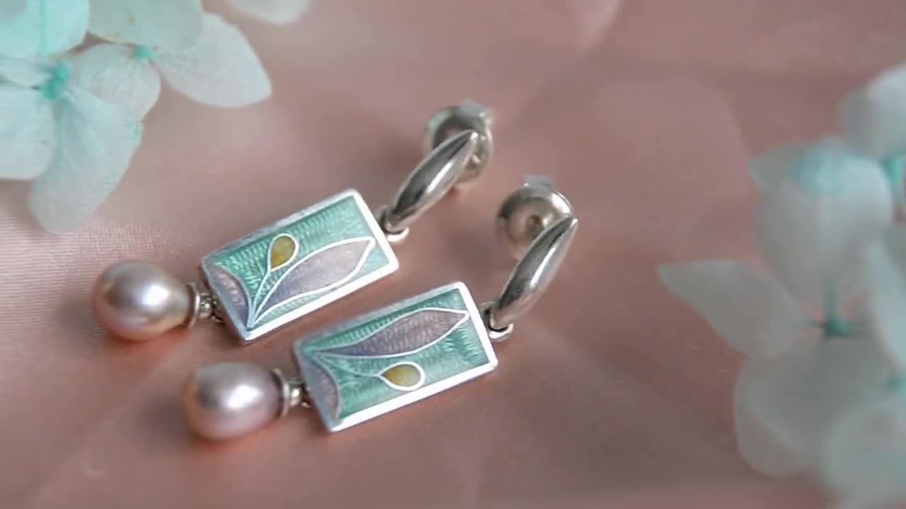 Cloisonne Enamel Earrings With Rose Pearls, Sterling Silver Cloisonne Enamel Earrings With Rose Pearls, Sterling Silver