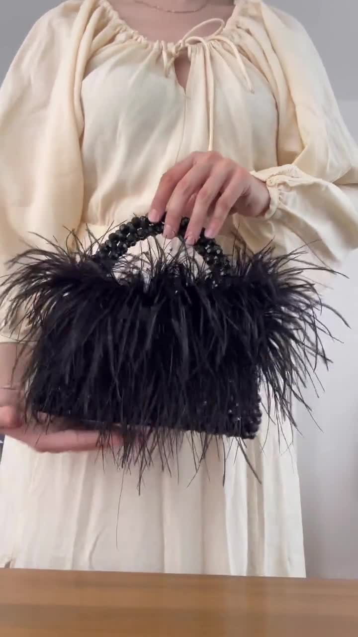 Black Ostrich Feather Purse, Ostrich Feather Evening Bag, Ostrich Feather with Bead Bag, ,Feathers Clutches for Women, Beaded Bag Black