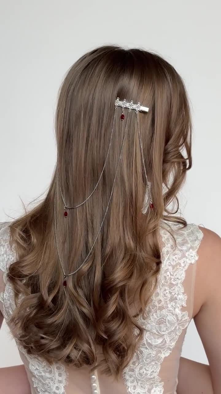 アクセサリー CTHY HIGH-END JEWELRY CLIP Silver Hair Clips With Hanging Chains and Crystals, Boho Bridal