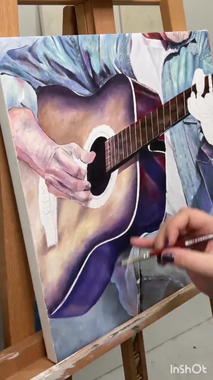 Original oil painting of a guitar a man playing a gift for a music teacher