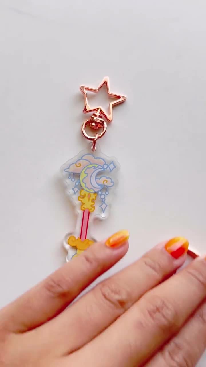 Magical girl angel sitting on the moon gold glitter acrylic charm keyc –  Allie-chanArt