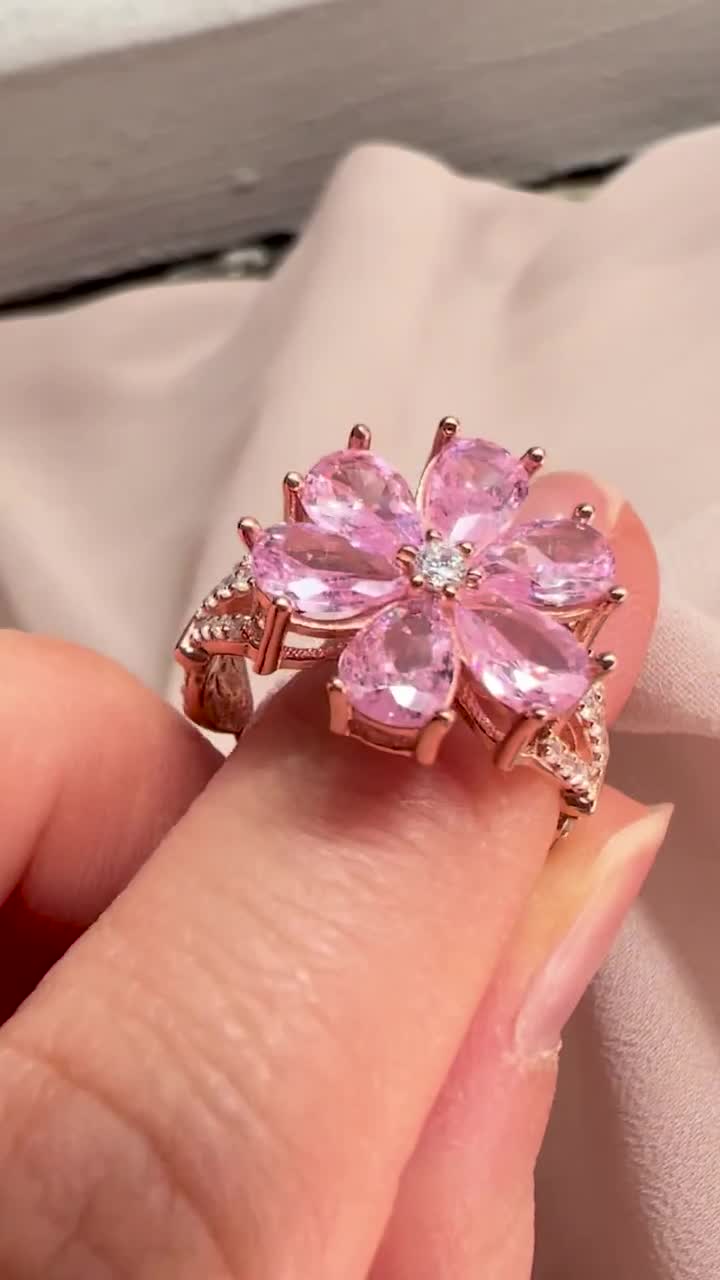 Rose Quartz Magnolia Flower Ring: Adjustable Sterling Silver - Etsy