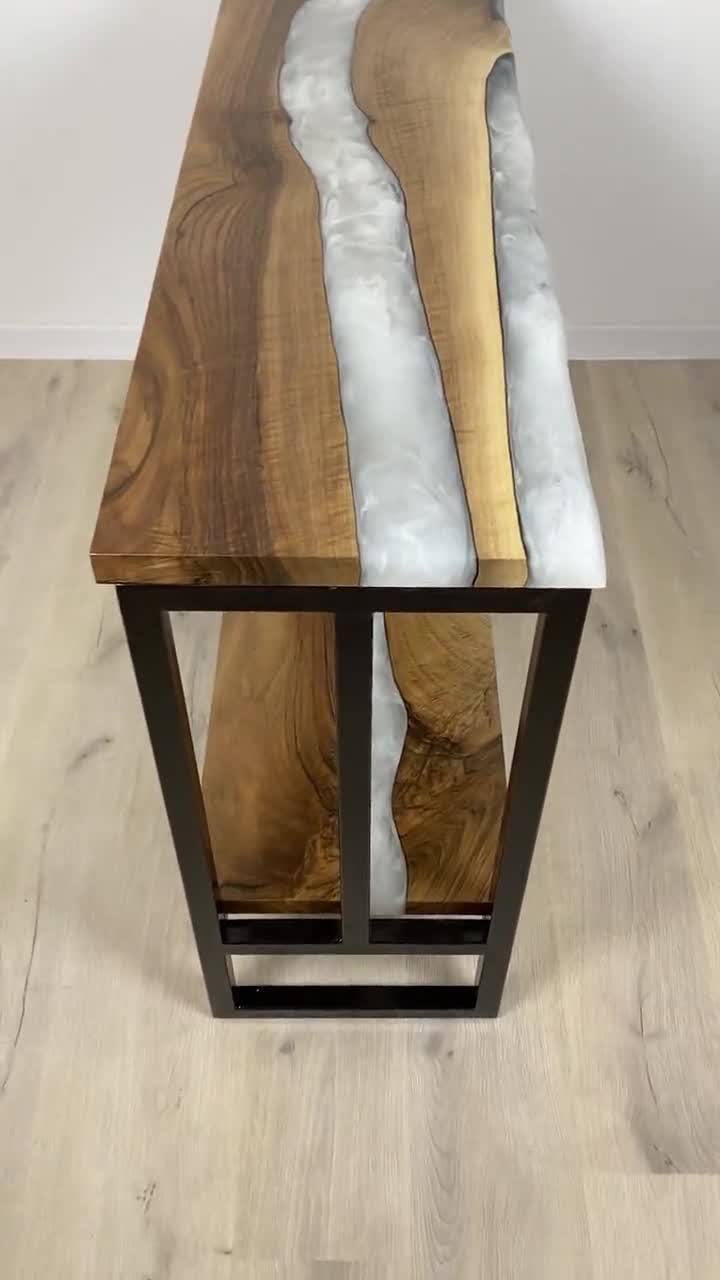 Behind Sofa Table with Shelf, Walnut Console Table, Epoxy Resin, Metal Base video poster