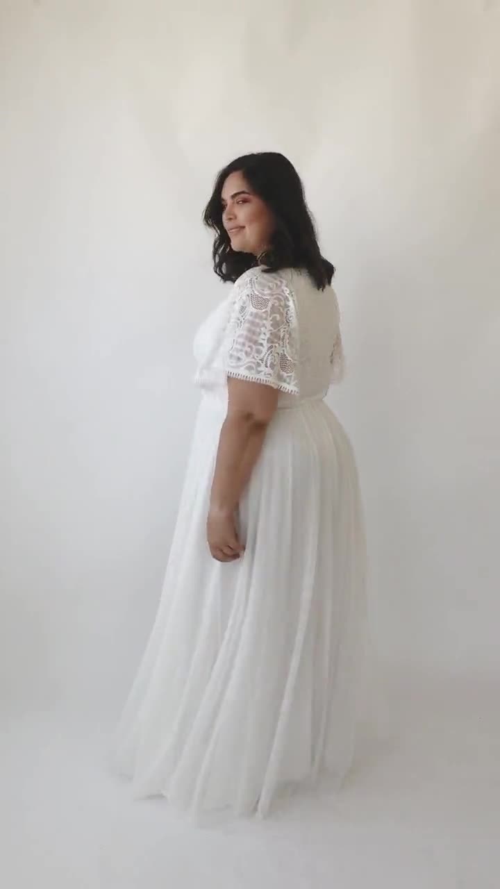 Ivory Wedding Dress Sheer Illusion Tulle Skirt on Lace #1315