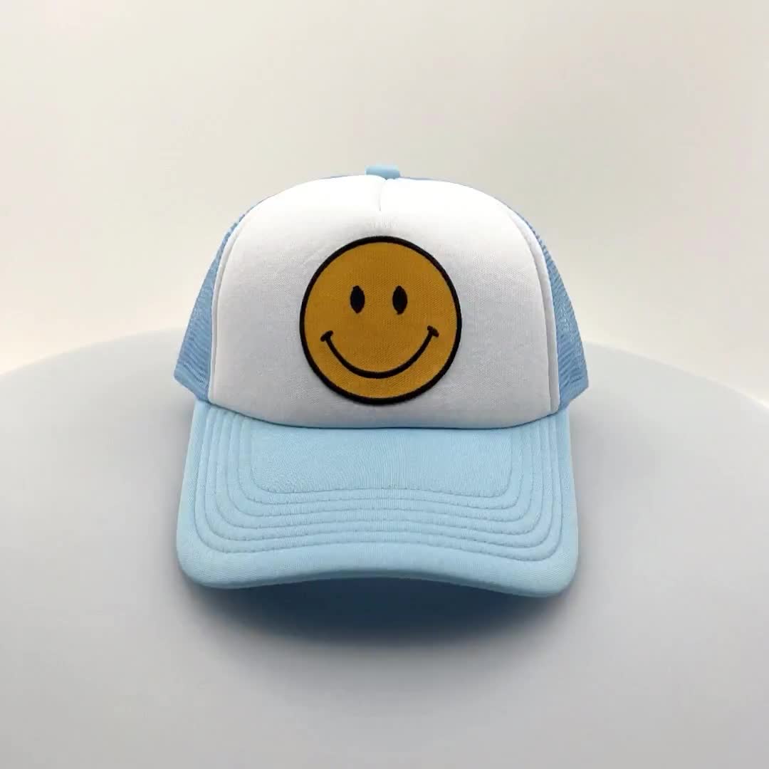 Smiley Face Sky Blue Trucker Hat with Mesh Snap Back, Brown Hat Adjustable for All Gift