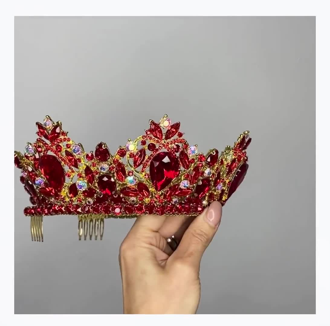 Quinceanera Tiara ,large Gold Crown ,rhinestones Tiara, Bridal Red