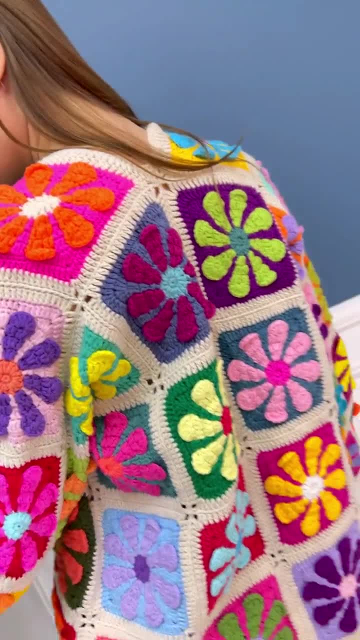Flower Crochet Cardigan, Knitted Daisy Cardigan, Patchwork