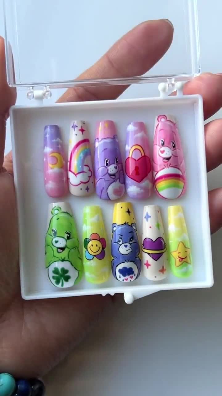 Hand-painted Press On Nails. Care Bears Nail Art. Reusable Handmade Nails.  Customised Luxury Gel Nails.