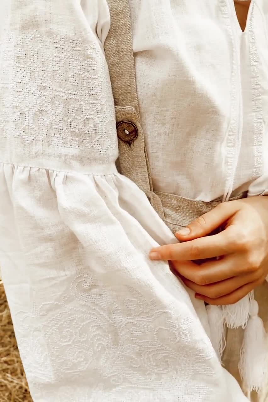 Linen Embroidered Top in Vita Kin Style, White Long Sleeve