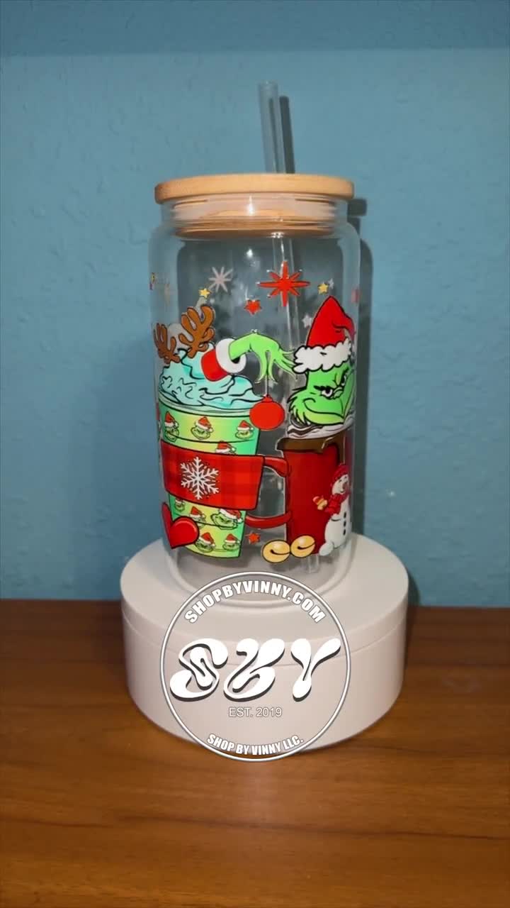 GRINCH Tumbler 16 Oz Glass Cup Grumpy Green Man Grinch Holiday Glass Cup  Christmas Grinch Glass Cup Bichota 