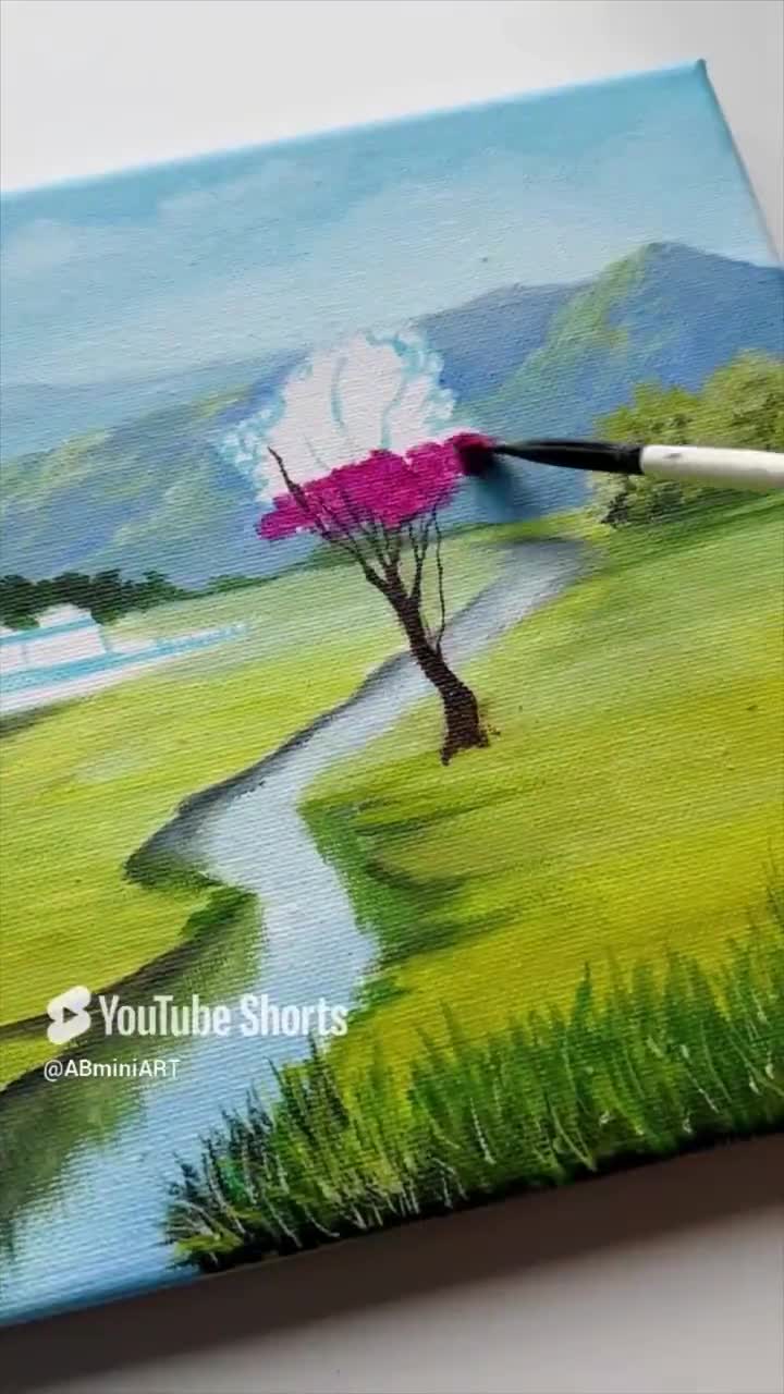 Spring Valley With Pink Tree – Original Acrylic Painting, 10×8