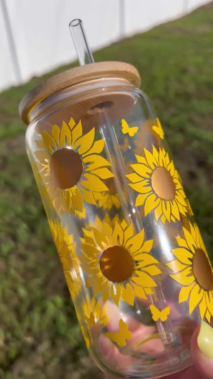 Sunflower Glass Can 16 Oz Cup Aesthetic Glass Can Cups Cute 