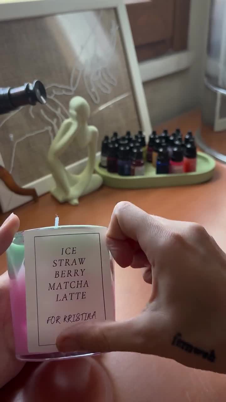Personalized Strawberry Matcha Latte Candle, Barista Cup Soy Wax