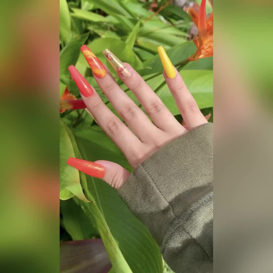 Orange Butterfly Marble Custom Press on Nails 