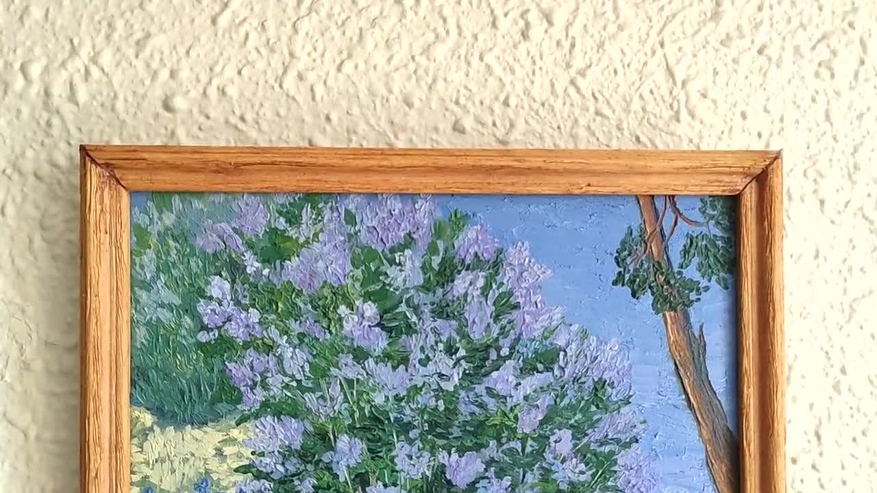 咲き誇るライラックの茂み、ゴッホ風の油絵、木製フレーム入り紙