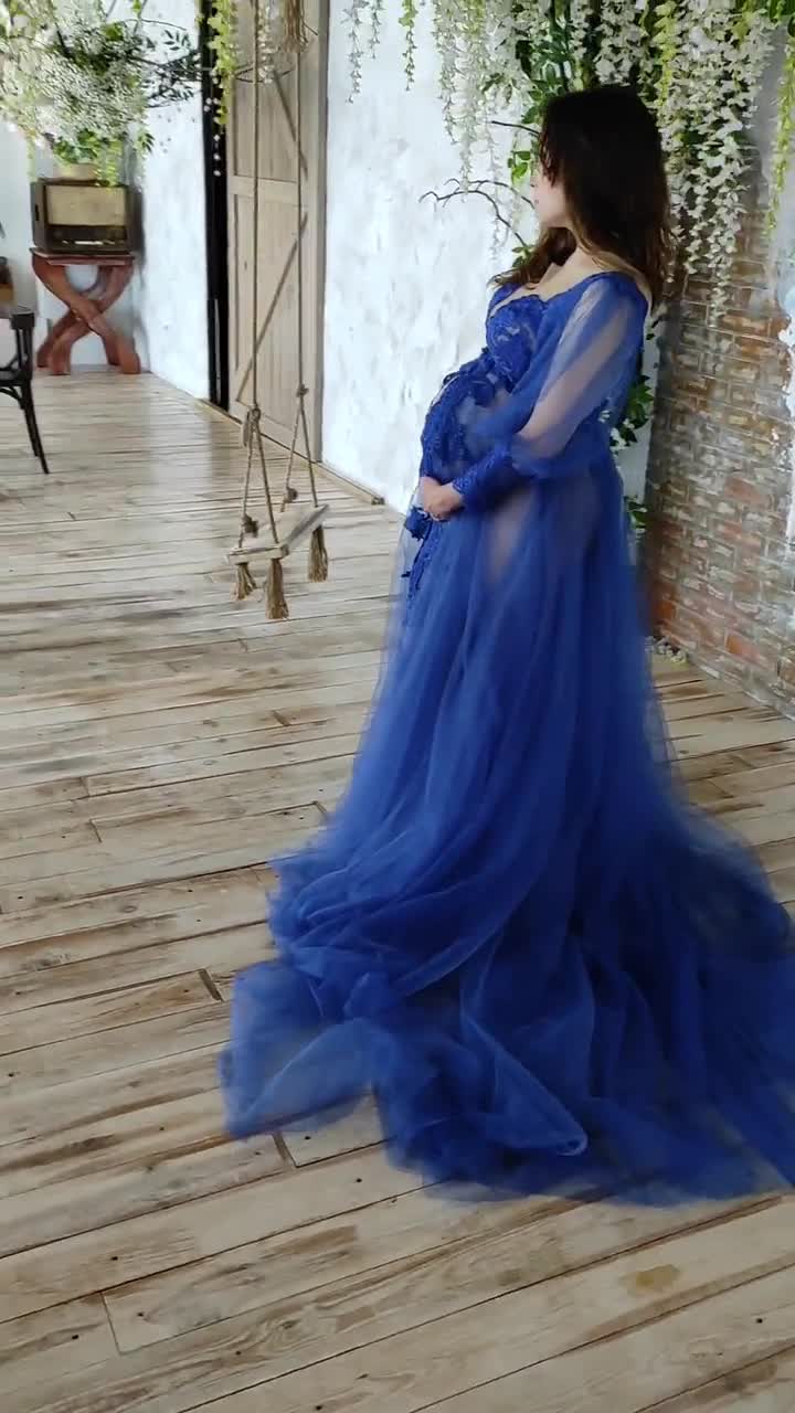 blue sheer maternity dress Royal Blue Maternity Evening Dress Long Sleeve Tulle See Through Sheer Plus Size Party Dressing Gown