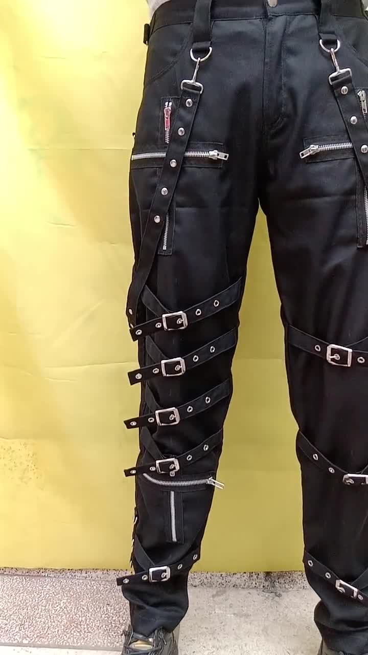 Handmade Men Gothic Pant Bondage Buckles Chains Straps Pant Trousers Goth  Punk Cyber Pants 