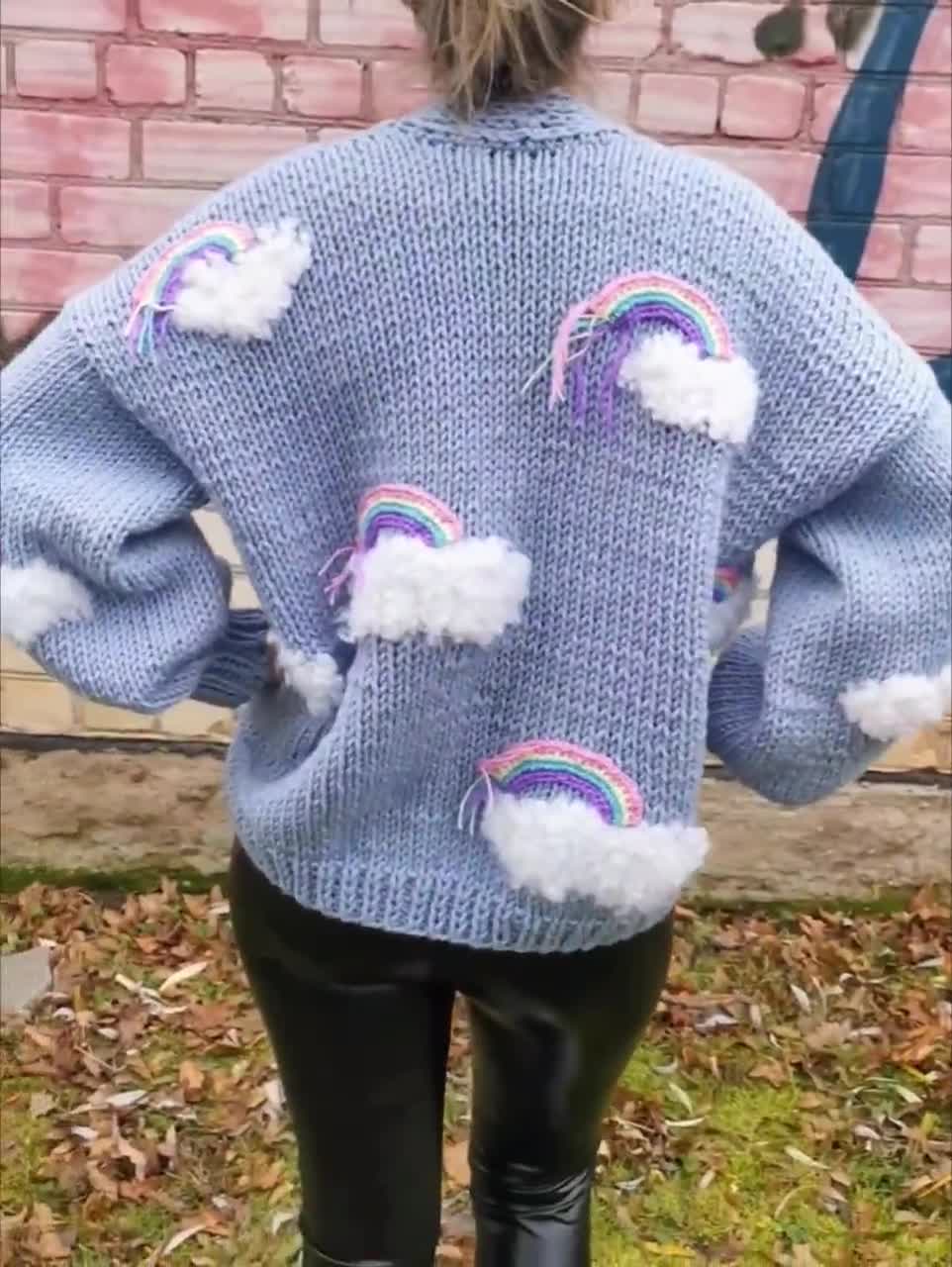 Rainbow oversized cardigan, chunky knit cardigan, Blue sky White clouds,  bulky knit sweater, handmade cardigan