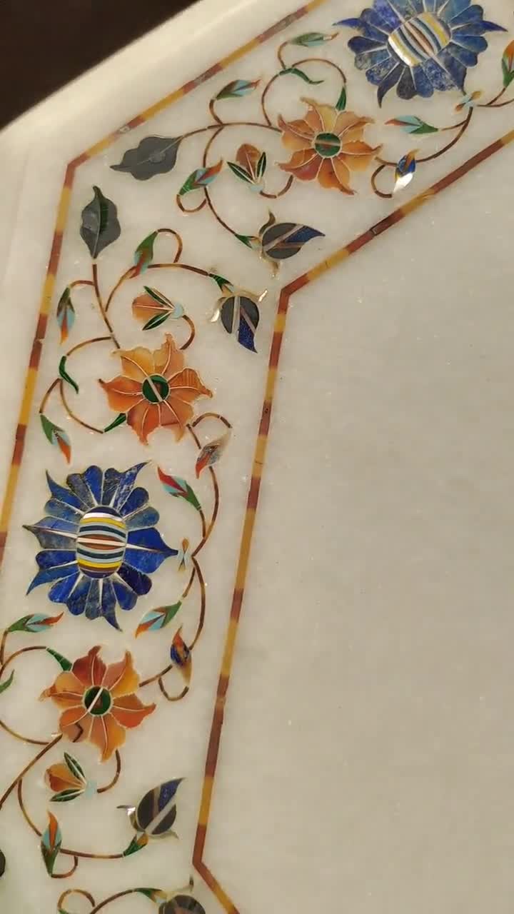 花柄大理石象嵌テーブルトップ、ハンドメイドインドサイドテーブル（16