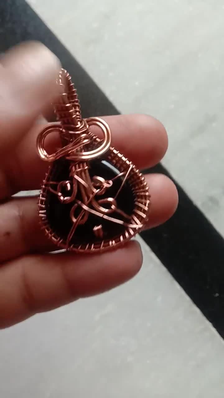 Black Onyx Copper Healing Pendant Necklace, Men Copper Wire