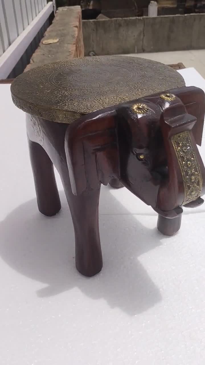 Wooden Elephant Stool Elephant Table Antique Handcrafted Brass Fitted Work  Elephant Stool Home Decor Table Decor Handicraft Indian Art