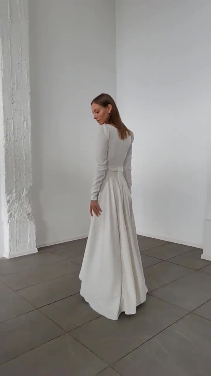 White Maxi Dress: Long Sleeve A-Line Gown with Slit