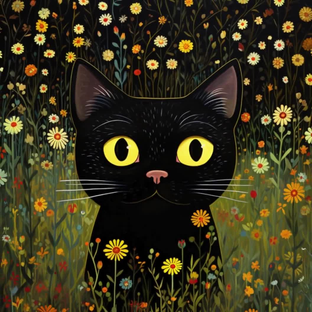 グスタフ・クリムト風猫アートプリント5枚セット：フラワーガーデン