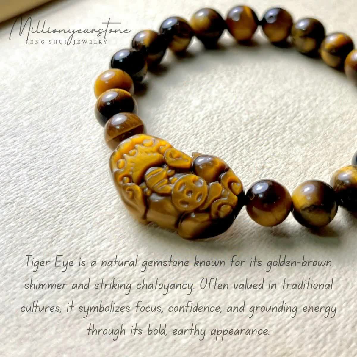 Gold Pixiu Bracelet : 8mm Natural Tiger Eye Beads , Elastic Cord