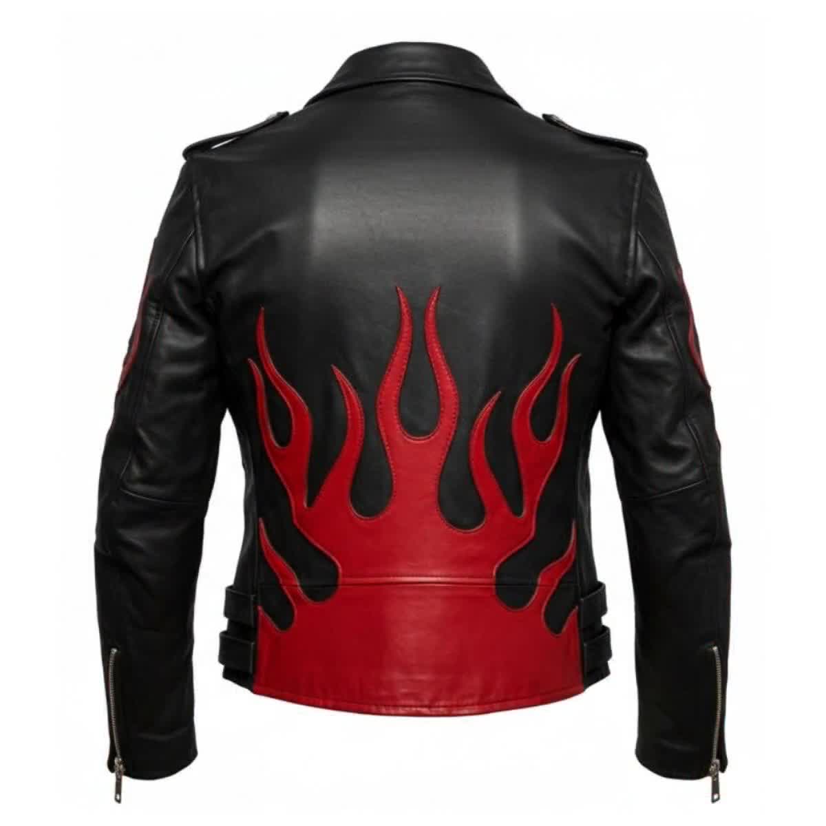 Men's Black Leather Biker Jacket With Red Flame Inlay | Classic
