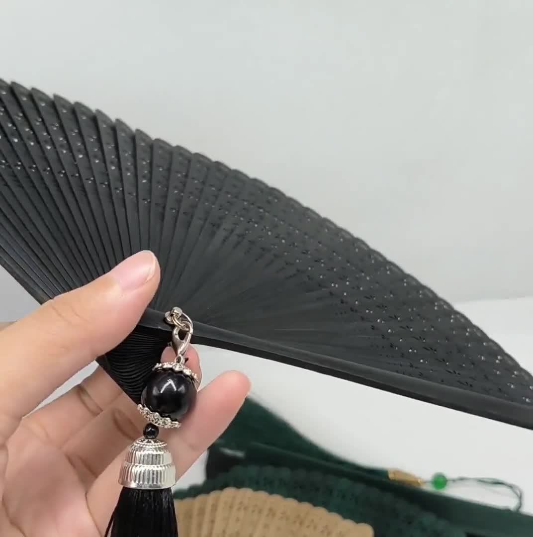SUMERSHA Small Folding Hand Fan - Black Bamboo Silk Vintage Fan With Tassel