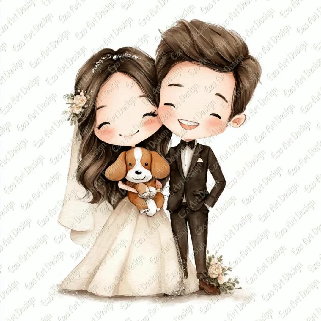 Cartoon Wedding Couple Clipart, Whimsical Bride and Groom (Digital Download), image size:1080x1080