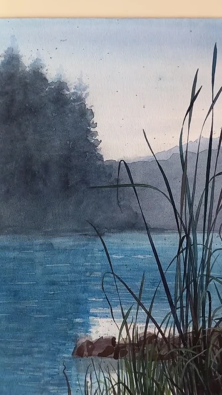 シレンツィ - オリジナルの水彩画、湖の風景画、山、森、穏やかな水