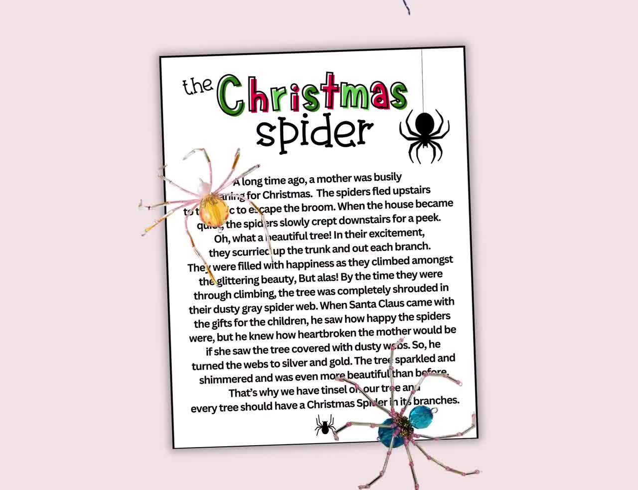 christmas spider cards, the legend of the christmas spider display cards,  christmas spider ornament cards, printable christmas spider tags