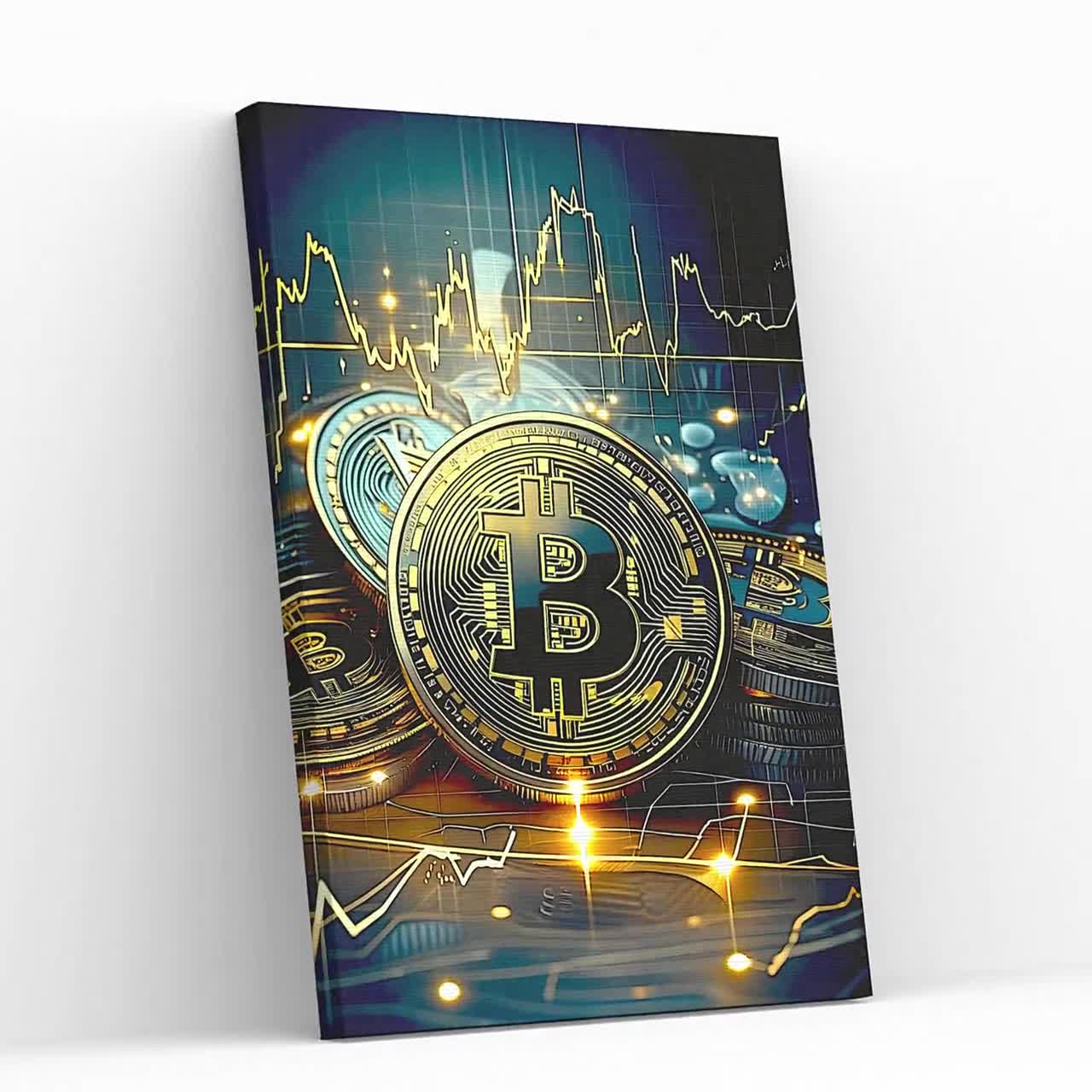 Bitcoin Wall Art - Gold Cryptocurrency Canvas Print, Modern Crypto Decor  for Office or Home