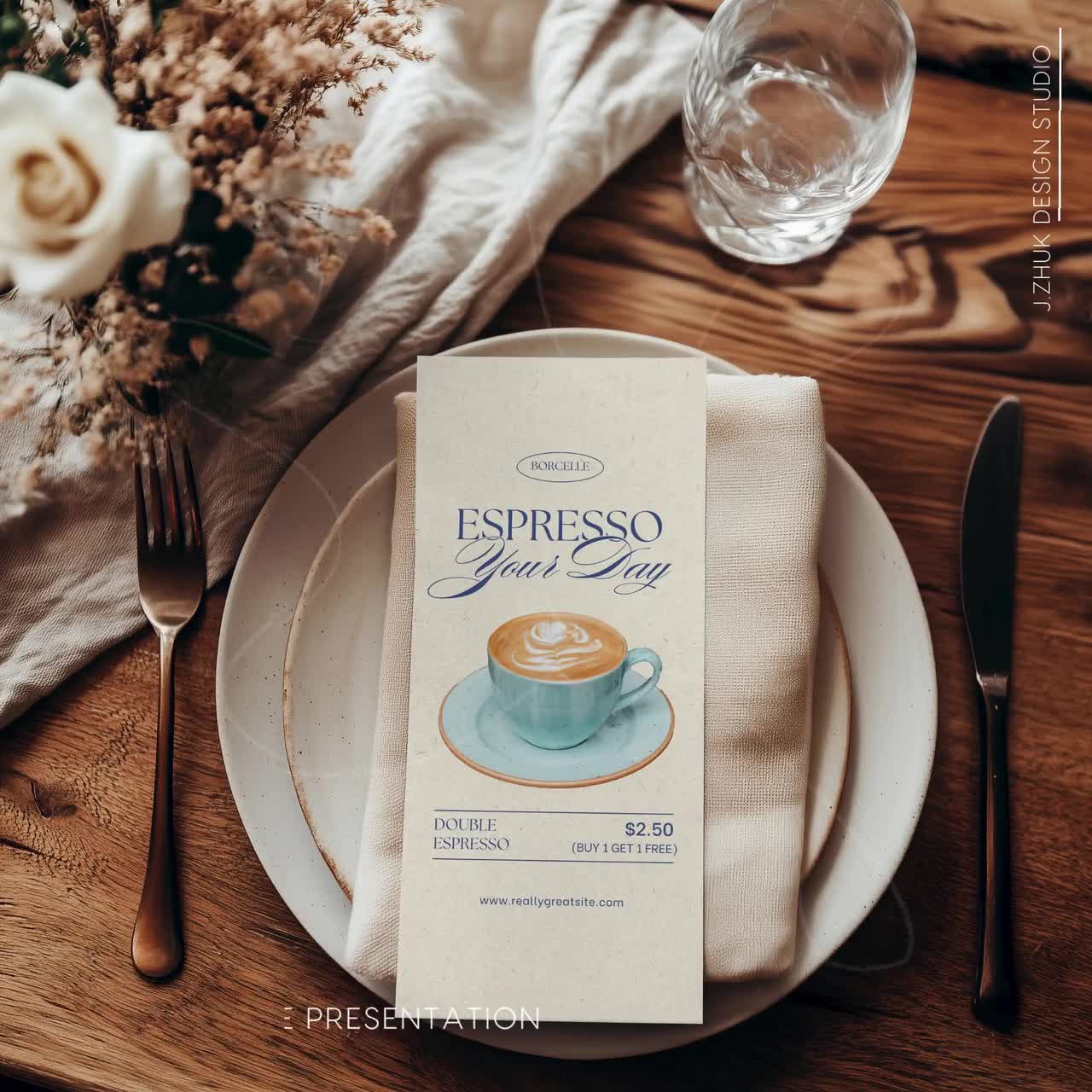 4x9 Menu Mockup – Elegant Table Setting With Flowers – Perfect for