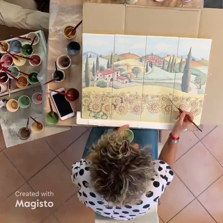 Porta barattolo di aglio in ceramica italiana Dipinto a mano Girasoli  decorati Paesaggio toscano Made in ITALY Ceramica d'arte toscana -   Italia