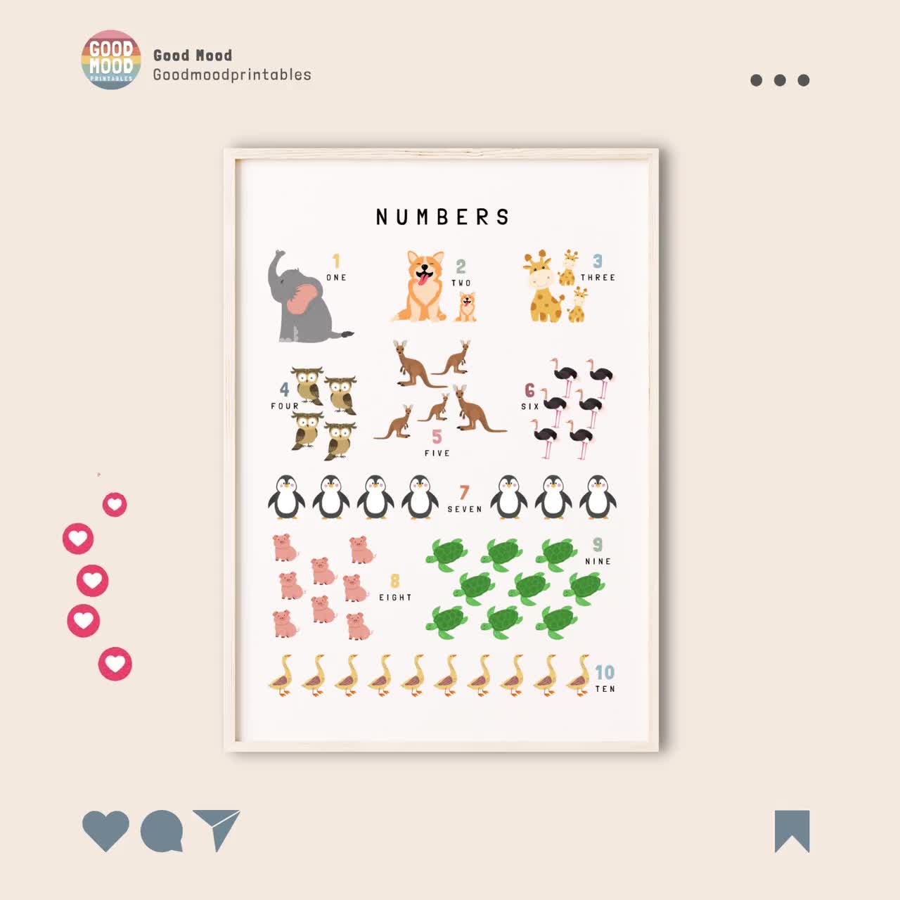 Animal Numbers Print PRINTABLE Wall Art Educational Counting 