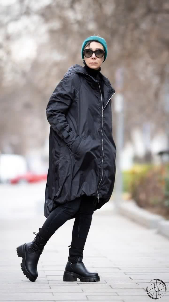 Black Quilted Asymmetrical Jacket, Hooded Minimalist Womens
