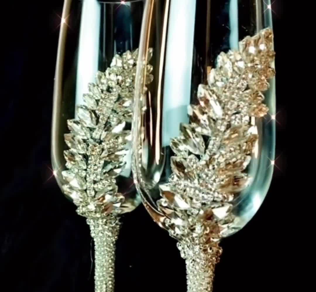 Silver Wedding Champagne Glasses, Crystals Wedding Set, Bridal Shower Gift,  Wedding Gift, set of 2