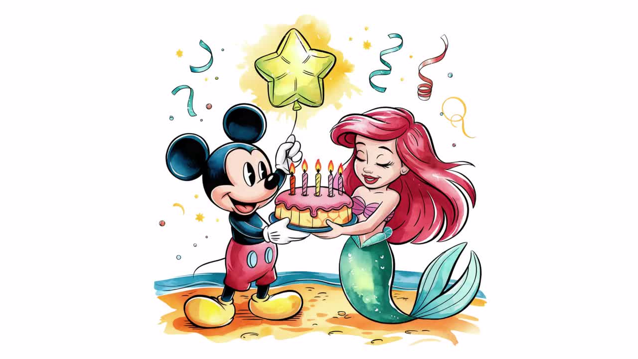 Mickey and Ariel PNG Bundle, Beach Party Birthday Clipart, Cute Cake and Star Balloon Design for T-shirts, Mugs, Printable Party Decorations video poster