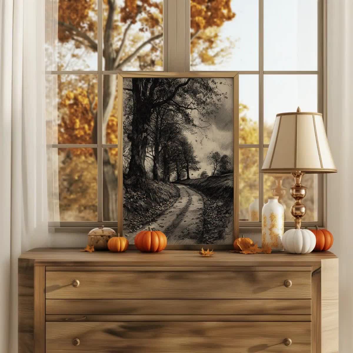 Rustic Forest Path Charcoal Sketch Print: Sepia Autumn Landscape