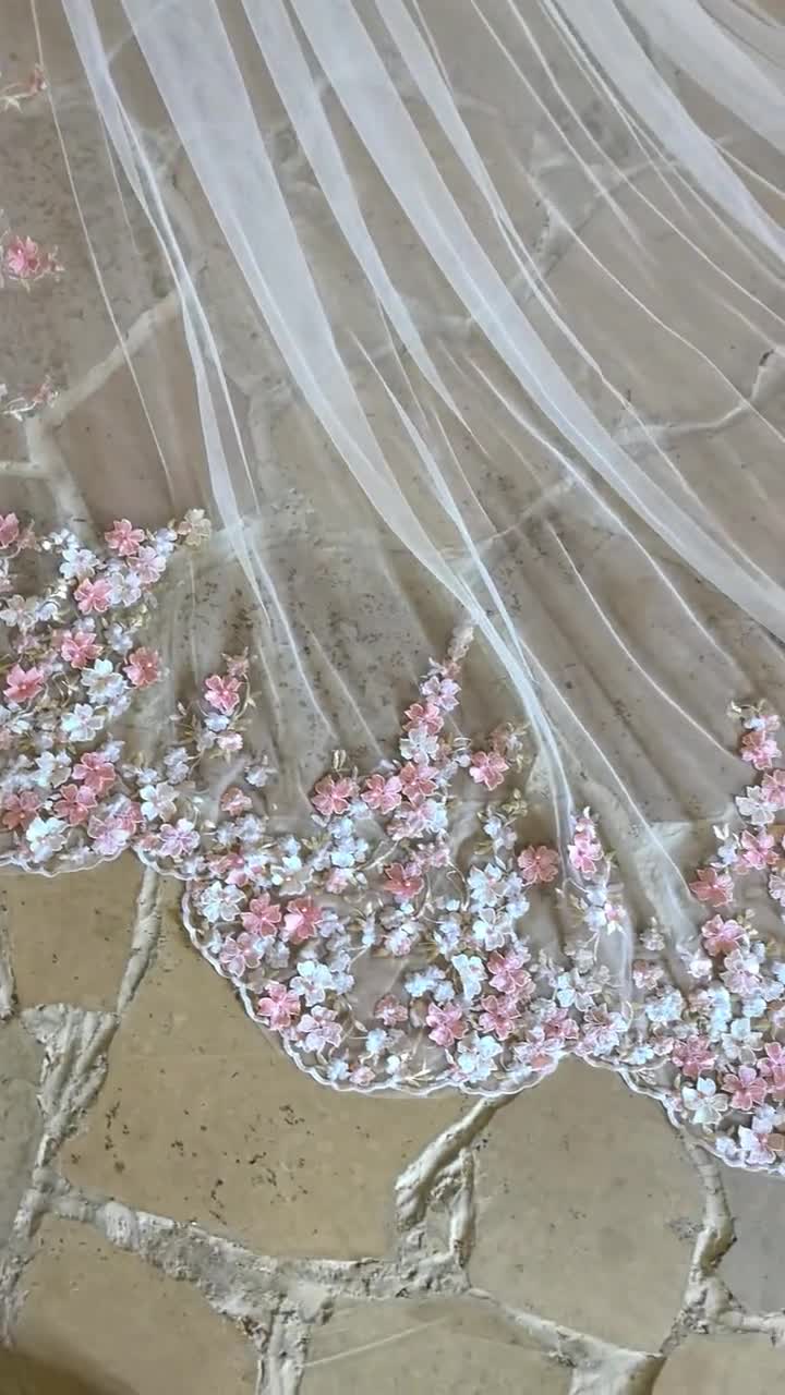 Scallop Cut Veil Blush Pink Flower Trim, Mermaid Tail Bridal
