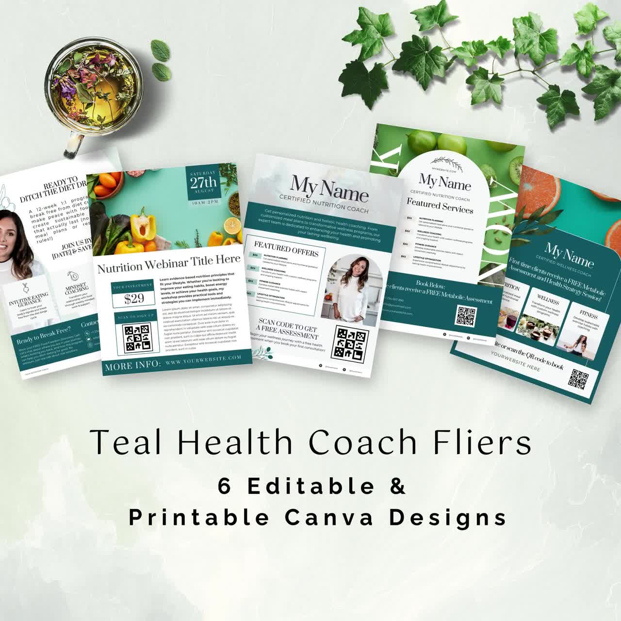 Paquete de folletos de Teal Health Coach: plantillas editables de Canva con código QR video poster
