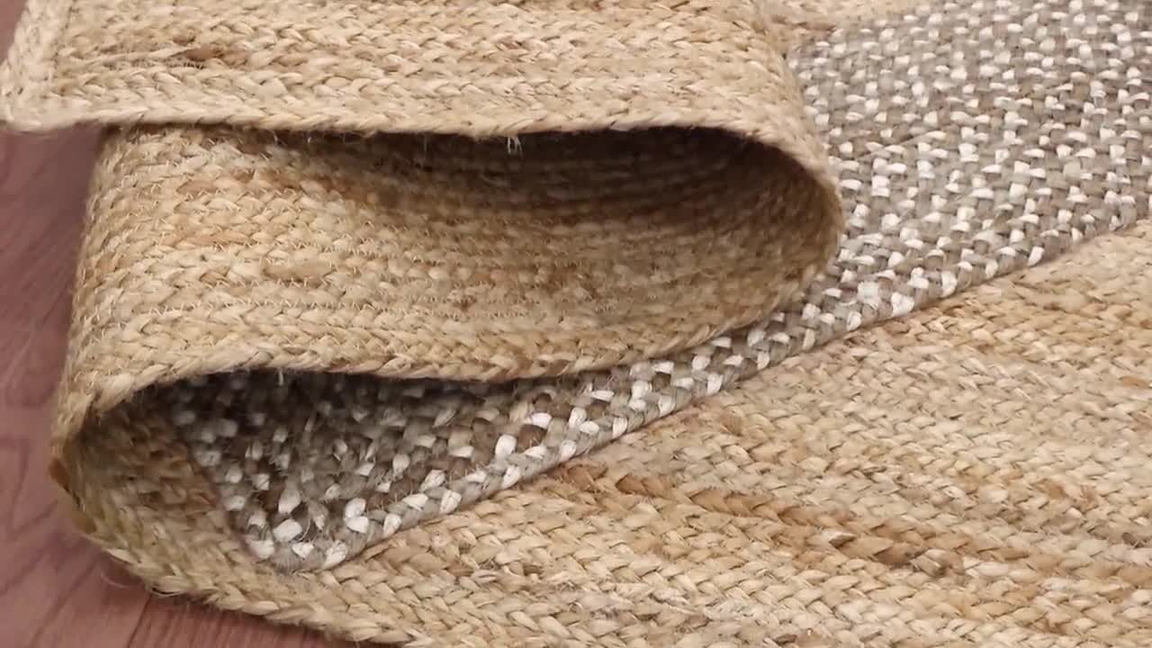 インド産天然手編みジュートラグ,ブラウン＆ホワイト幾何学模様ラグ