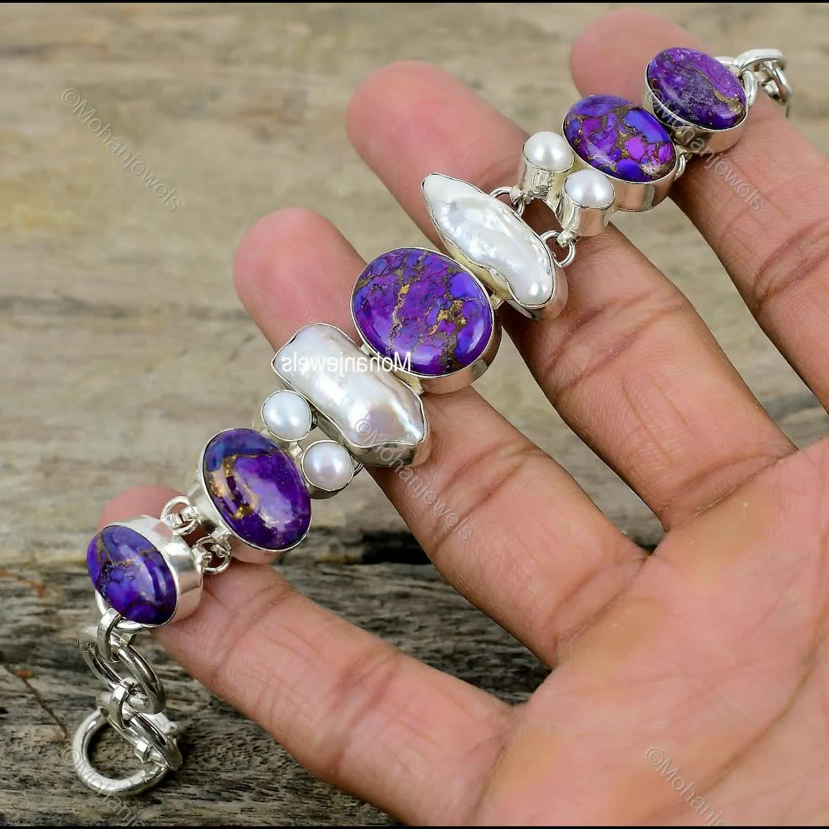 パステルパープル天然ラベドライト2巻きブレスレット ターコイズアクセント パープルコッパーターコイズ＆ビワパールシルバーメッキブレスレット