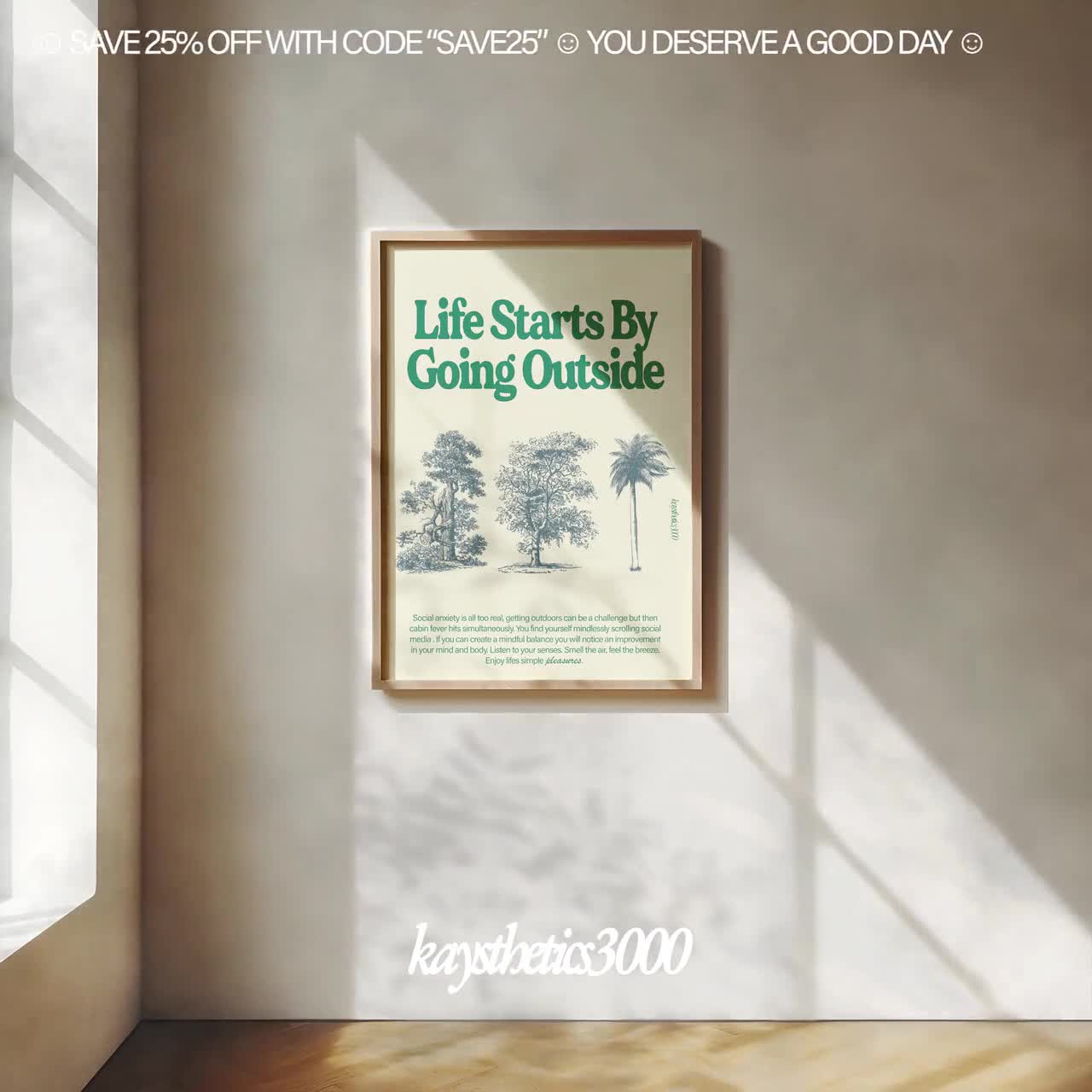 Life Starts By Going Outside By Kaysthetics3000 Retro Art | Mindful Art |  Digital Wall Art | Inspirational Quotes | Vintage Art | Nature