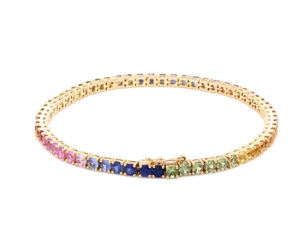 14K solid gold rainbow sapphire tennis bracelet | Natural real sapphire  round rainbow gradient ombre bracelet | Rainbow tennis bracelet gold