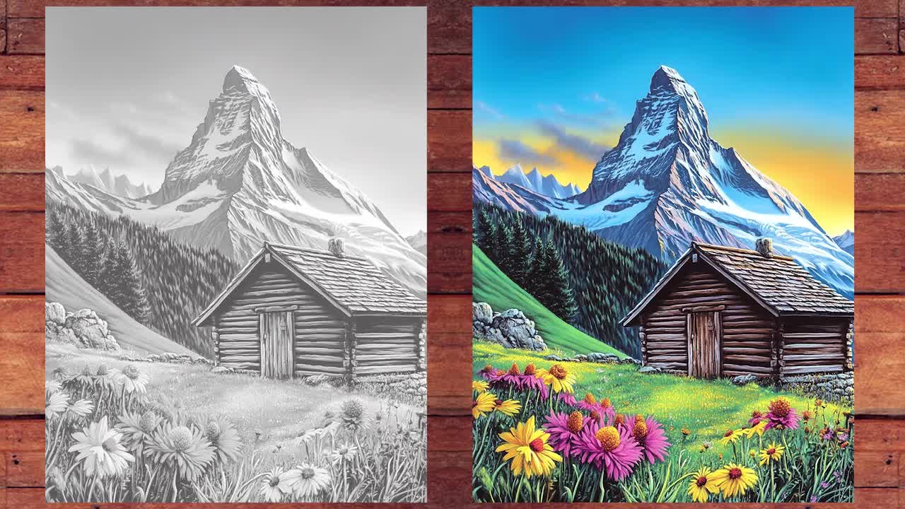 スイスの風景の塗り絵：グレースケールの山のアート（印刷可能なPDF