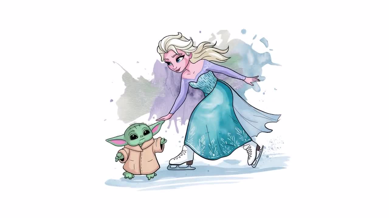 Elsa and Baby Yoda Ice Skating Clipart, Watercolor Cartoon Illustration for Sublimation, T-shirt Design, Mug Print, Stickers, PNG Download video poster