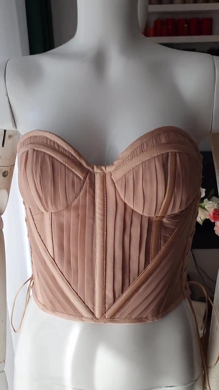 Beige Lace up Pleated Corset Top With Cups and Satin Boning
